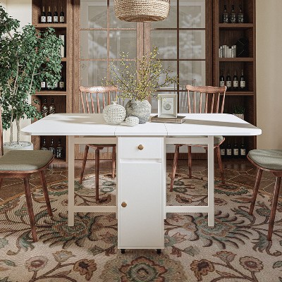 ATJafurn 58.9'' Foldable Dining Table For Small Space, Rectangular Wood Folding Extendable Kitchen Table with Drop Leaves, No Assembly Required