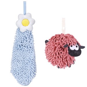 REGALWOVEN Flower and Sheep Shape Absorbent Fast Drying Chenille Hand Towels with Hanging Loop 6" x 15"/7" x 7" 2 Packs - 1 of 4