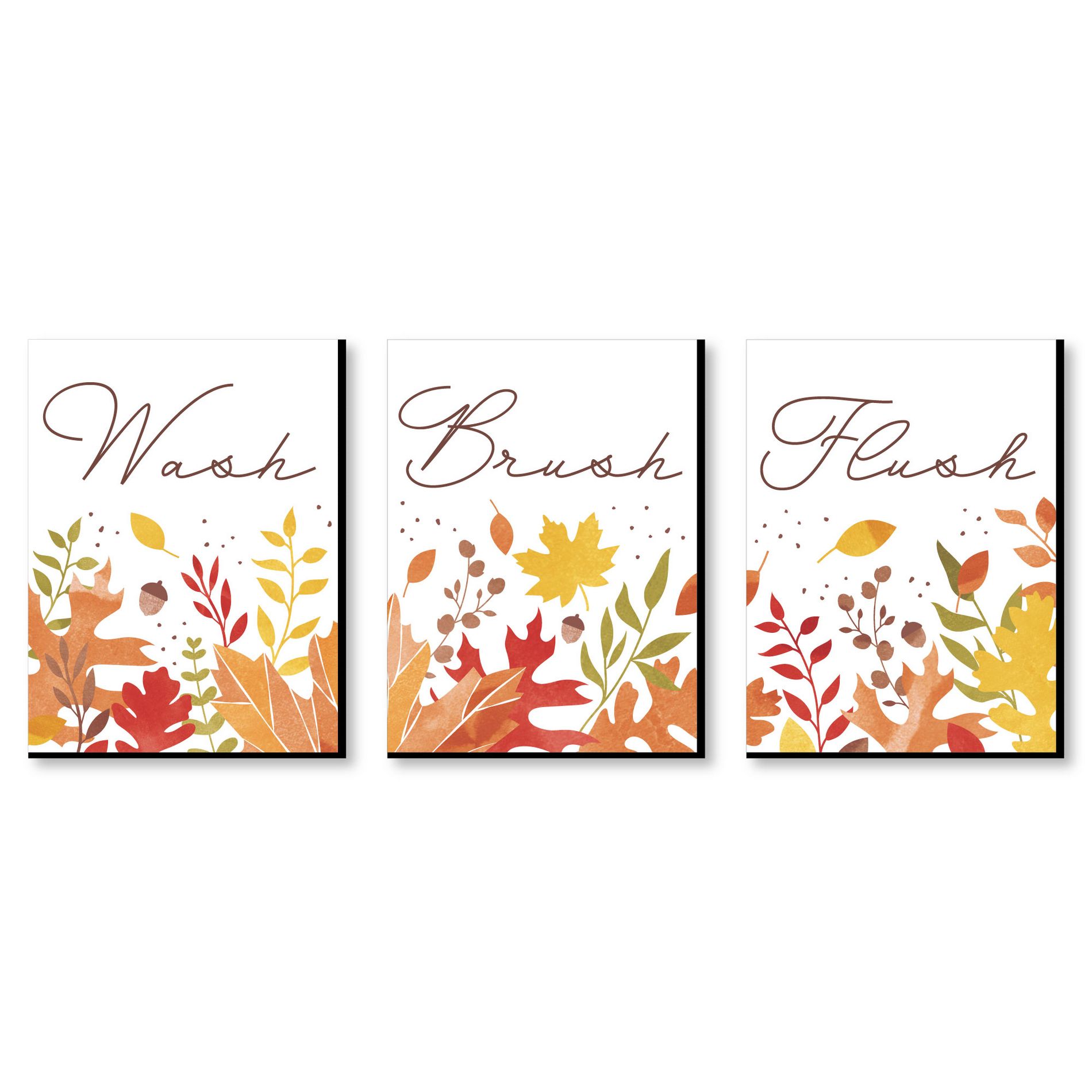 Big Dot of Happiness Fall Foliage - Autumn Leaves Kids Bathroom Rules Wall Art - 7.5 x 10 inches - Set of 3 Signs - Wash, Brush, Flush