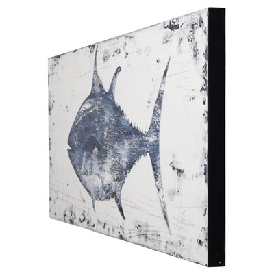 Anglo Rustic Coastal Blue and White Tuna Oil Painting on Canvas