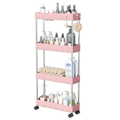 LunaLulinlk 4 Tier Slim Rolling Storage Cart, Slim Cart Kitchen Storage Organizer Rolling Utility/ Mobile Shelving Unit Slide Out Storage Cart, Pink
