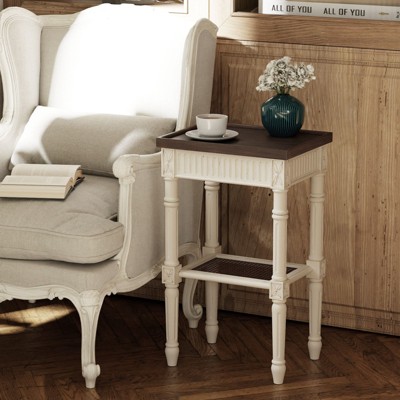 JIONJOY End Table with Wicker Shelf - Rustic Square Side Table with Espresso Tray Top