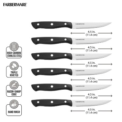 Farberware 6pc Steak Knife Set: Stainless Steel Blades, Black Plastic Handles, Hand Wash, Lifetime Limited Warranty - Thumbnail 4