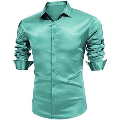 Lars Amadeus Men's Solid Color Point Collar Long Sleeve Button Down Prom Satin Shirts