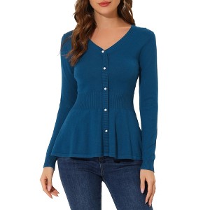 Allegra K Women's Slim Fit V-Neck Long Sleeve Ribbed Pullover Knitted Peplum Sweater - 1 of 4