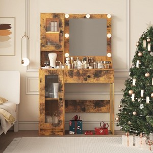 Modern Makeup Vanity Desk with Mirror, Charging Station, Ample Storage Drawers & Acrylic-Door Cabinets, Wooden Dressing Table for Bedroom - 1 of 4