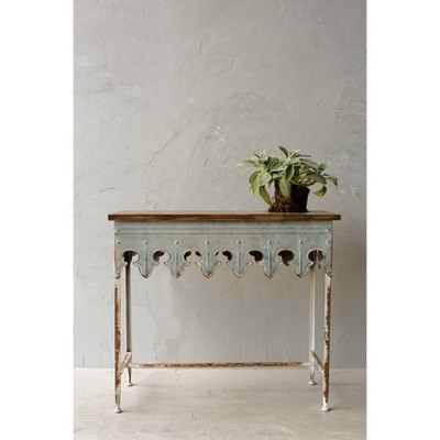 Scalloped Edge 36" Metal & Wood Console Table with Distressed Finish