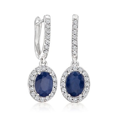 Ross-Simons 2.40 ct. t.w. Sapphire and .50 ct. t.w. Diamond Hoop Drop Earrings in 14kt White Gold