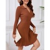 Womens Collar V Neck Long Sleeve Pleated Casual Knit Sweater Dress - 3 of 4