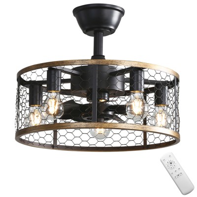 20'' Farmhouse Flush Mount Caged Ceiling Fans with Light and Remote Rustic Low Profile Fandelier Industrial Bladeless Ceiling Fans for Kitchen Bedroom