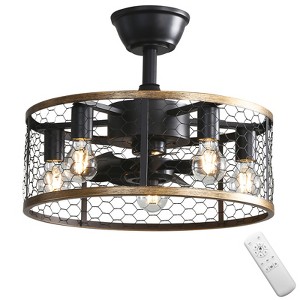 20'' Farmhouse Flush Mount Caged Ceiling Fans with Light and Remote Rustic Low Profile Fandelier Industrial Bladeless Ceiling Fans for Kitchen Bedroom - 1 of 4