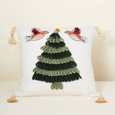 Looped Cording Christmas Tree with Birds Square Throw Pillow Cream - Opalhouse™ designed with Jungalow™