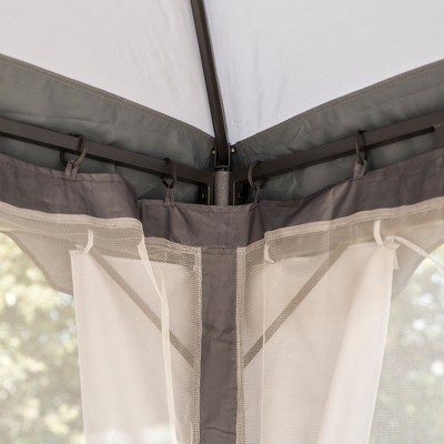 Gray Steel Outdoor Gazebo with Mesh Sidewalls and Vented Roof