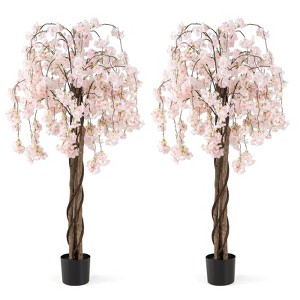 Costway 1/2 PCS 5.5 FT Tall Artificial Cherry Blossom Tree with Pink Flowers Fake Potted Tree Pink - 1 of 4