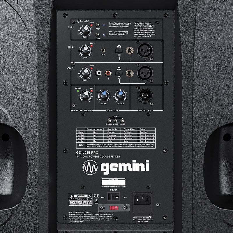 Gemini® GD PRO Series GDL-215PRO 15-In. 1,300-Watt Professional PA Speaker with Bluetooth®, TWS Link, Microphone, and LED Party Lighting, 3 of 6