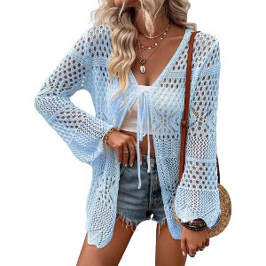 Womens Cardigan Spring Tops Sheer Lightweight Summer Cardigan Beach Cover Up Tops V Neck Lantern Sleeve Sweater Cardigan - 1 of 4