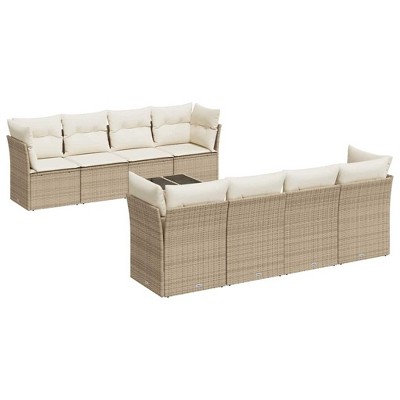 vidaXL 9 Piece Patio Sofa Set with Cushions Poly Rattan - Beige and Cream Table + 4x Corner + 4x Middle