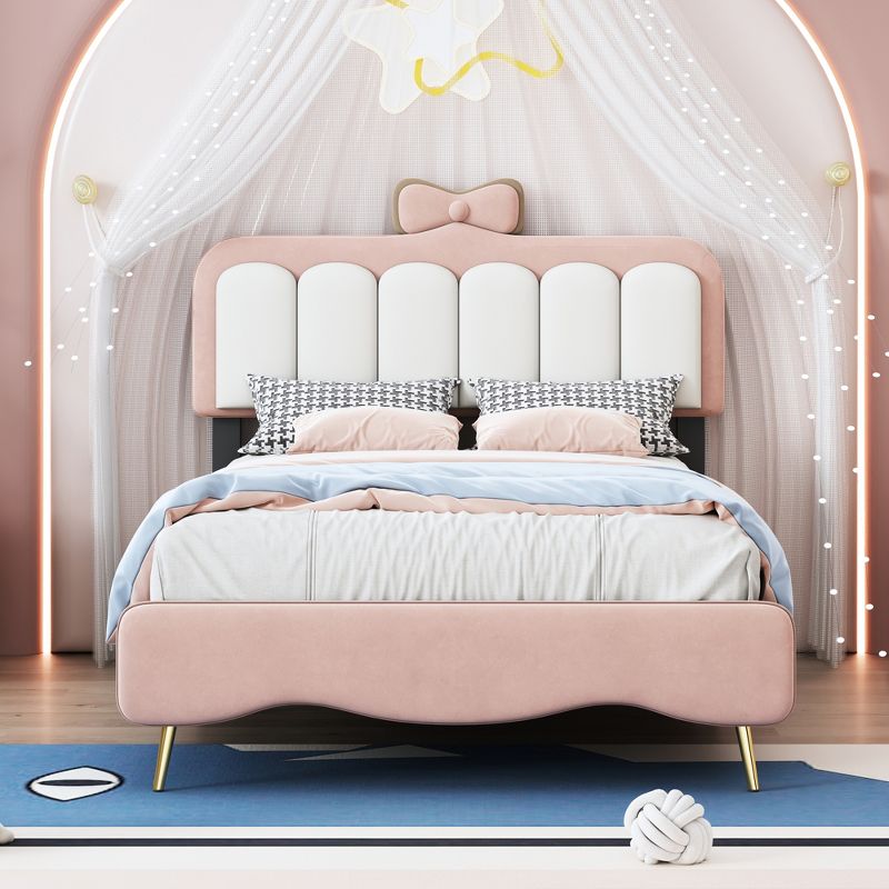 Twin/Full Size Velvet Princess Bed With Bow-Knot Headboard, White+Pink 4A - ModernLuxe, 2 of 8