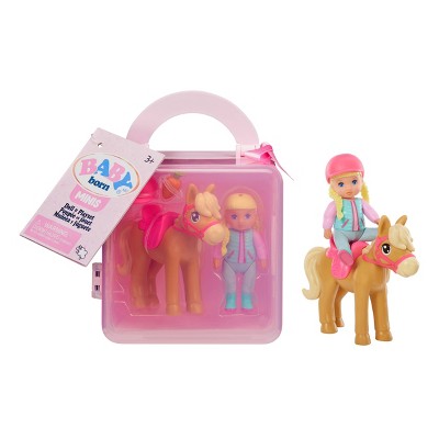 BABY Born Minis Playset - Doll with Blue Eyes, Horse with Helmet & Carrot Accessory