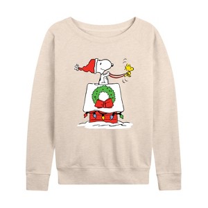 Women's - Peanuts - Snoopy and Woodstock House Sleigh Lightweight French Terry Wide Neck Long Sleeve Shirt - 1 of 4