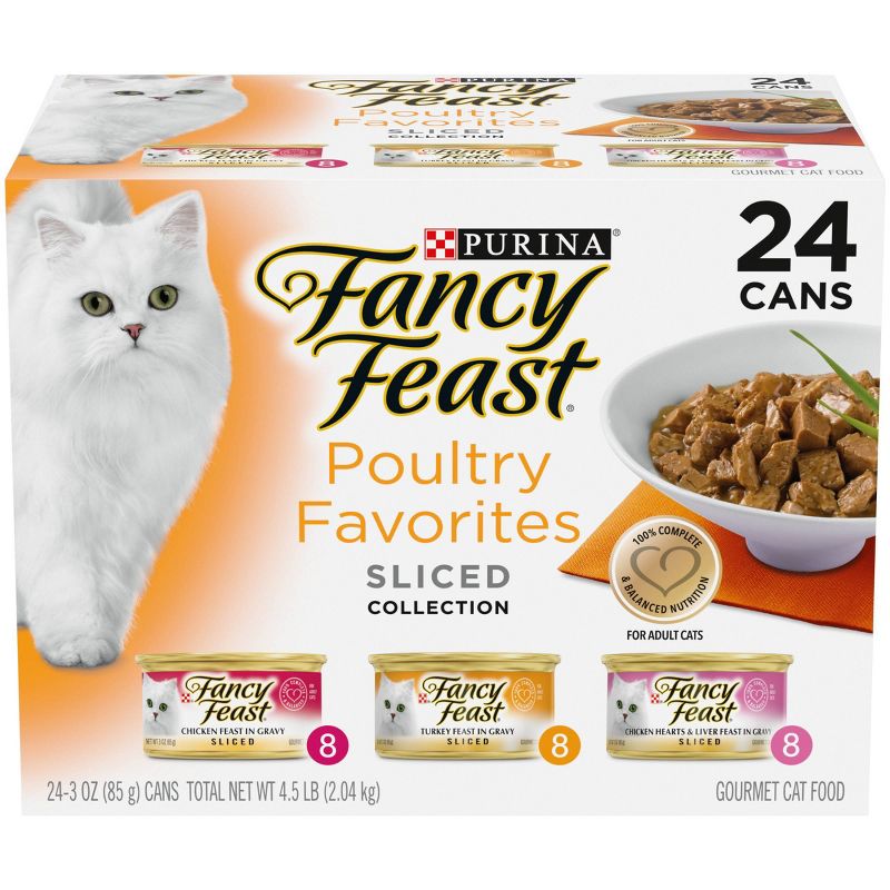 Purina Fancy Feast Poultry Favorites Variety Pack Liver, Chicken &#38; Turkey Flavor Gravy Wet Cat Food Cans - 3oz/24ct, 1 of 8