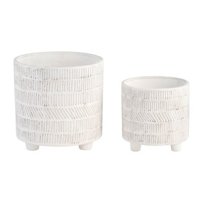 Ivory Geometric Ceramic Footed Planter Set of 2