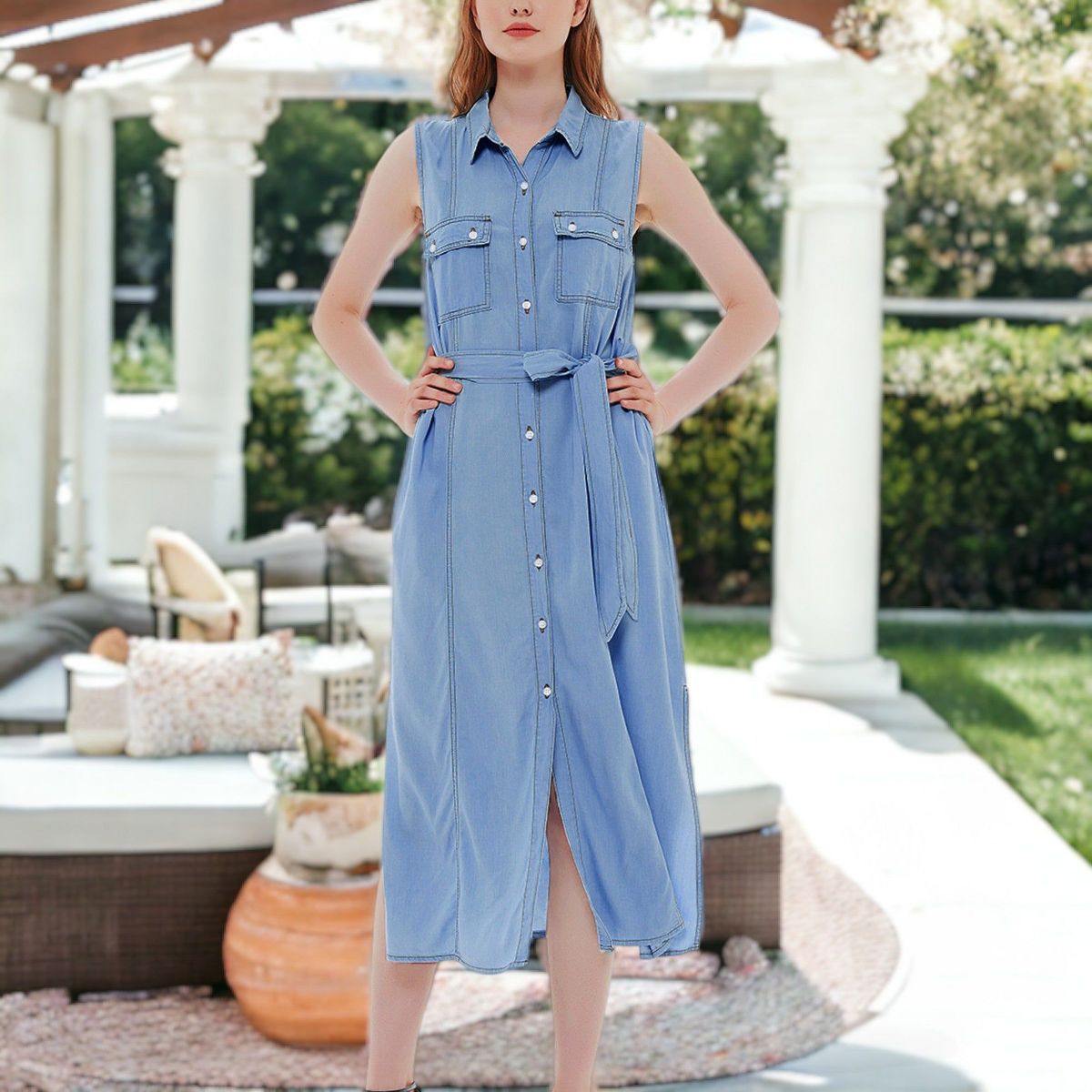 Anna-Kaci Women's Jean Shirt Dress Tied Waist Turn Down Collar Pocket Denim Dress - thumbnail 3