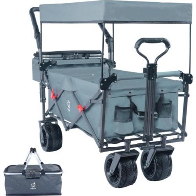 FURNIinspire Outdoor Serving Carts Collapsible Wagon Foldable with Removable Canopy Wheels for All-Terrain Brake for Camping, Gray, 35.4"*19.7"*44.5"