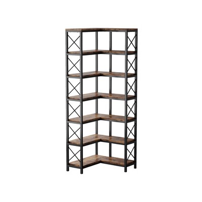 Lirago Brown 7 Tier Corner Bookshelf 23.6x23.6x78.8 Engineered Wood Rustic Style Bookcase