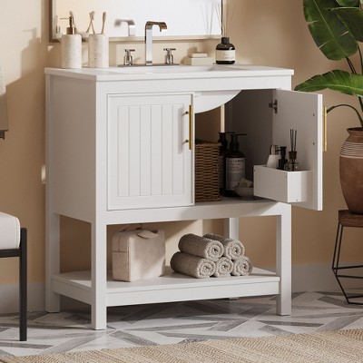 NicBex 30" Bathroom Storage Cabinet with Sink Bathroom Cabinets with 2 Spacious Cabinet Doors, 1 Open Shelf for Bathroom, White