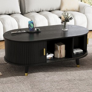 HDZNVF 42.5 inch W Wooden Oval Fluted Coffee Table With Charging Station, Mid Century Center Table With Sliding Tambour Door, Black - 1 of 4
