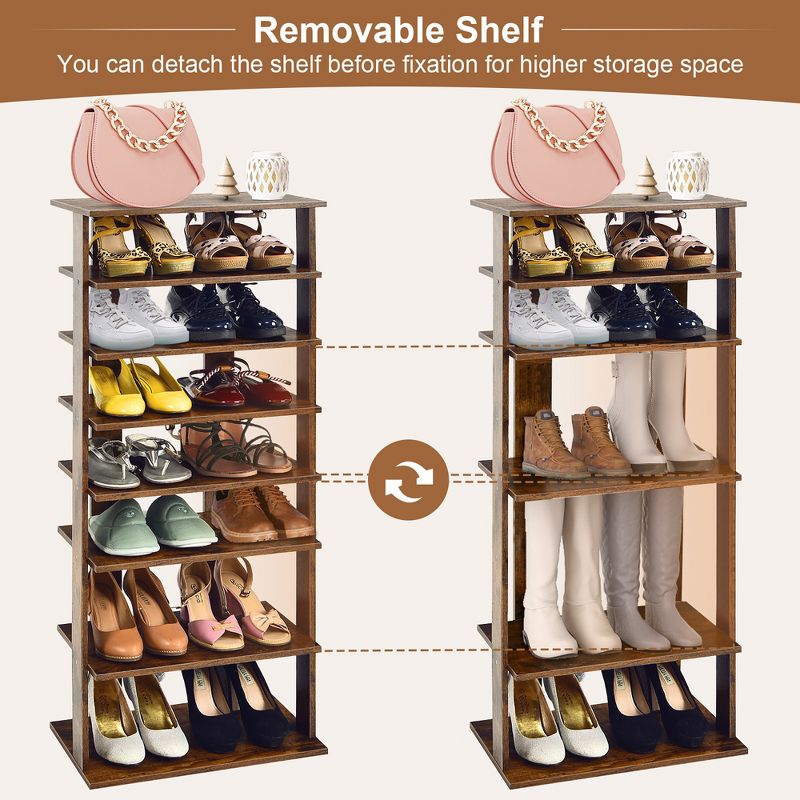 Costway Patented 7-Tier Double Shoe Rack Free Standing Shelf Storage Tower Rustic Brown, 5 of 11
