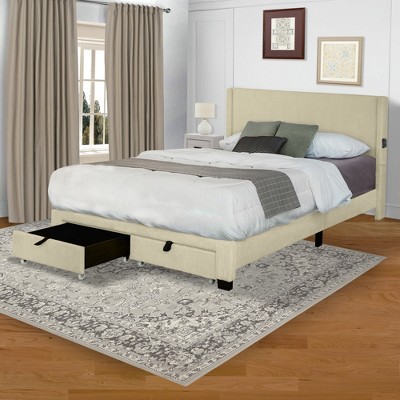 Queen Size Upholstered Storage Platform Bed with 2 Drawers 4W, Gray/Beige -ModernLuxe