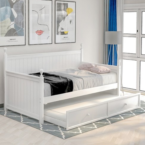 White Twin Size Daybed with Trundle, Elegant and Simple Steel Daybed with Slat Support, No Box Spring Required