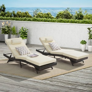 Outdoor Chaise Lounge Chair Set of 2, Wicker Reclining Lounge with Adjustable Backrest & Cushion, Sunbathing Chair for Patio Pool Garden - 1 of 4