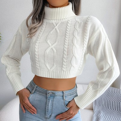 Short Knitted Sweater Pullover for Women Solid Long Sleeve Turtleneck Cropped Sweaters