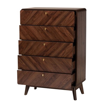 Walnut Brown Mid-Century Modern 5-Drawer Storage Chest