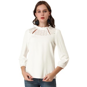 INSPIRE CHIC Women's Ruffle Neck 3/4 Sleeve Hollow Out Blouse - 1 of 4