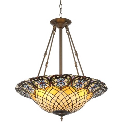 Robert Louis Tiffany Bronze Pendant Chandelier 24 1/2" Wide Tiffany Style Art Glass 4-Light Fixture for Dining Room House Kitchen