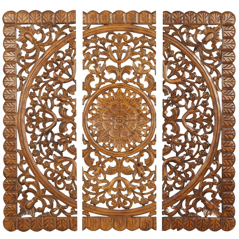 Wood Floral Handmade Intricately Carved Wall Decor with Mandala Design Set of 3 Brown - Olivia &#38; May, 1 of 19
