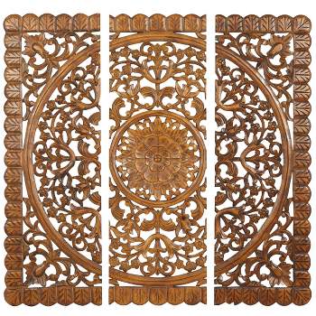 Wood Floral Handmade Intricately Carved Wall Decor with Mandala Design Set of 3 Brown - Olivia & May