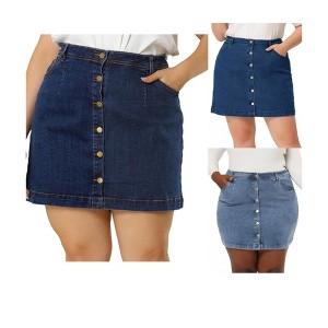 Agnes Orinda Women's Plus Size Button Side Pocket Casual A-Line Mini Denim Skirt - 1 of 4