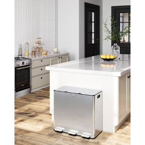 Trash Can, Triple Compartment Stainless Steel Kitchen Trash Can for Recycling, Plastic Inner Buckets and Quiet Close, Brushed, Airtight, Silver - 1 of 4