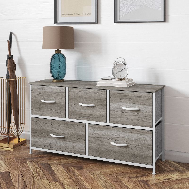 Flash Furniture Harris 5 Drawer Vertical Storage Dresser with Cast Iron Frame, Wood Top, and Easy Pull Fabric Drawers with Wooden Handles, 2 of 12