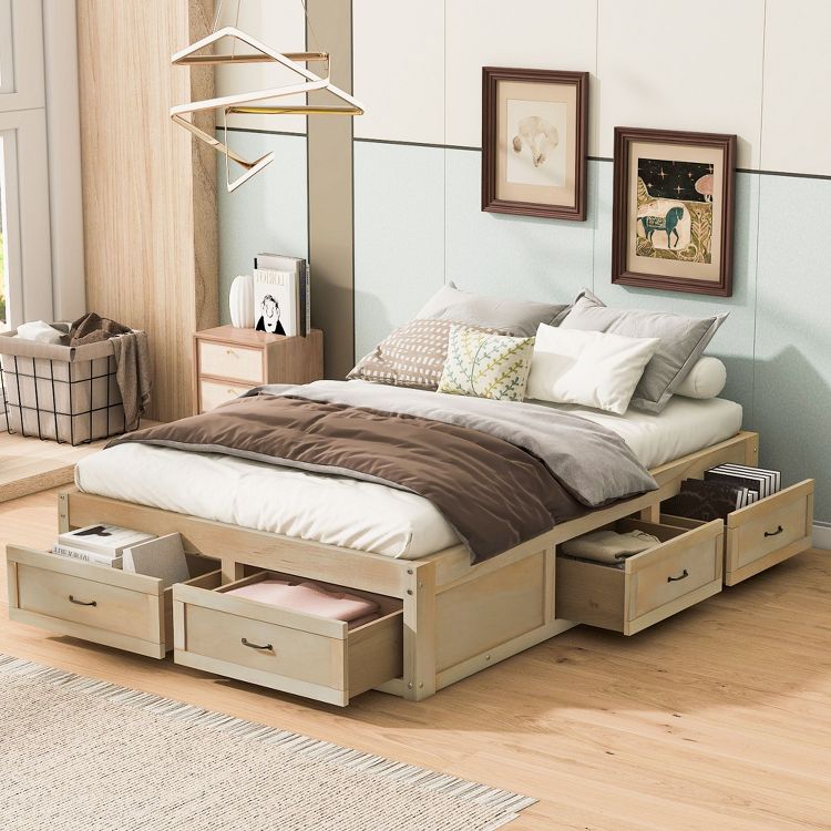 Full Size Platform Bed with 6 Storage Drawers Antique Natural : Target