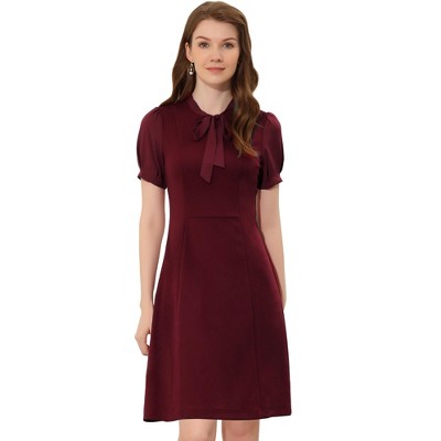 INSPIRE CHIC Women's Bow Tie Keyhole Neck Puff Sleeve Elegant Work Dress
