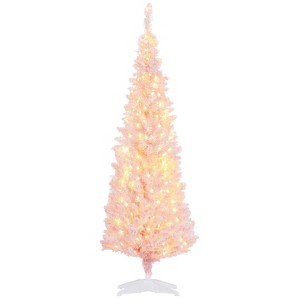 HOMCOM 5' Tall Pre-Lit Slim Noble Fir Frosted Artificial Pencil Christmas Tree with Realistic Branches, 160 Warm White LED Lights and 294 Tips, Pink - 1 of 4