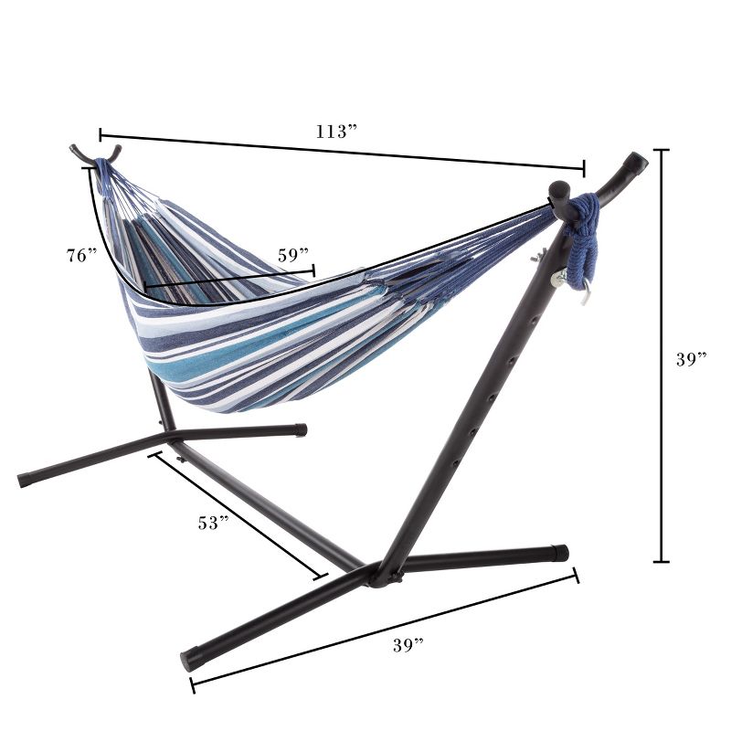 Hastings Home Double Brazilian Hammock With Height Adjustment Stand and Carrying Bag - 113" x 39", Blue/White, 2 of 3