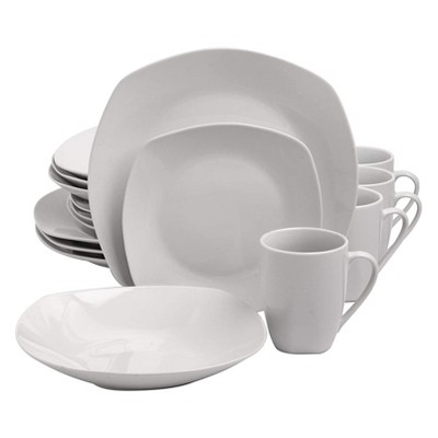 Gibson 127253.16R Elegant White Porcelain 16 Piece Dinnerware Set Plates, Bowls, and Mugs, Classic Pearl