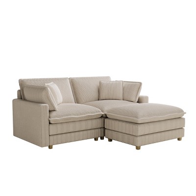 GDFStudio Dana Corduroy Upholstered 70.86" Oversized Deep Seat L Sofa with Solid Wood Legs, 4 Pillows and Ottoman